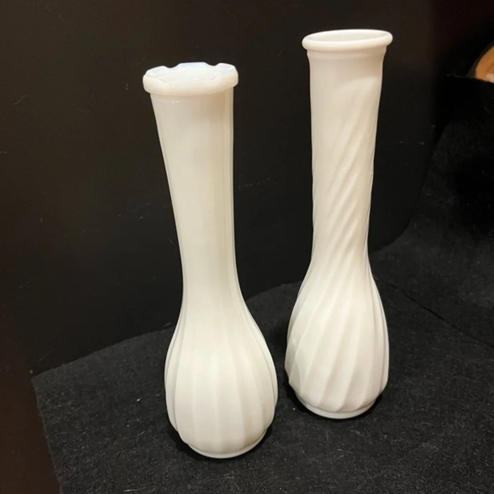 Vintage Milk Glass Bud Vases Straight Ribbed and Swirled Ribbed Set of Two